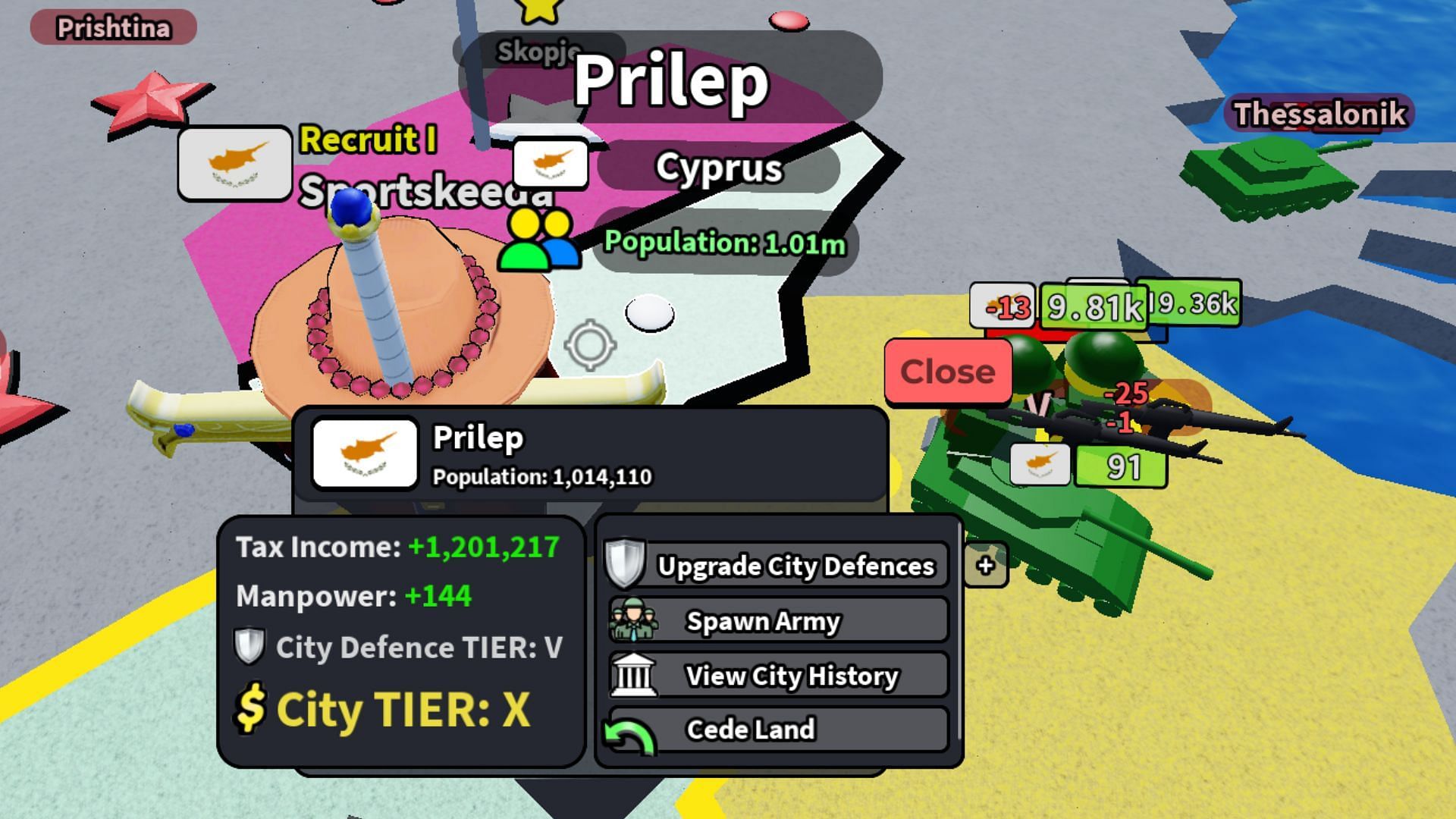 The higher the City Tier, the better the Manpower and income (Image via Roblox)